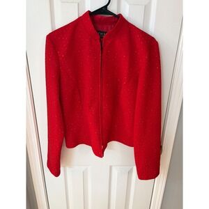 Melissa Harper Jacket Womens 10 Red Sequin Mock Neck Zip Up Textured 04-7822